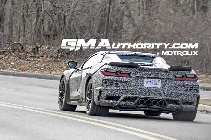 2026-Chevrolet-C8-Corvette-Zora-Convertible-Prototype-Spy-Shots-March-2025-Exterior-011-rear-three-quarters-spoiler-tail-lights